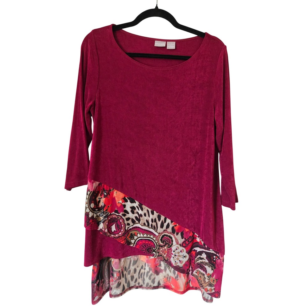 Chico's 1 Travelers Tunic Top Magenta Mixed Media Asymmetrical Hem Medium